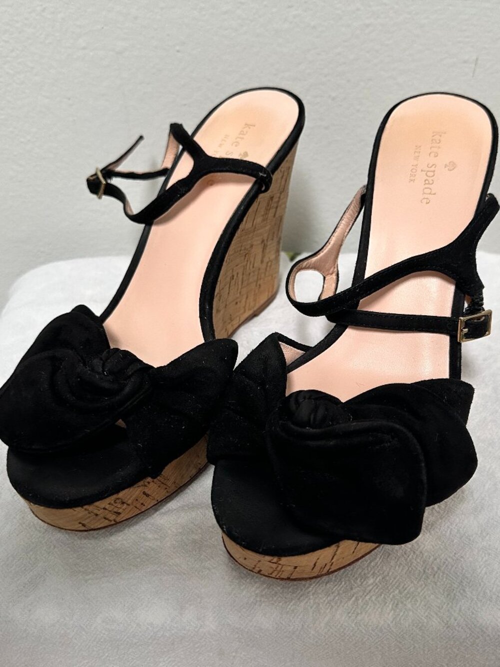 Kate Spade Black Velvet Rosette Cork Wedge Sandals Size 8M